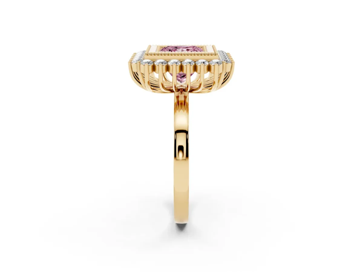 Fancy Pink Princess Cut Halo Diamond Ring with Milgrain Edge and Round Prong Setting Yellow gold