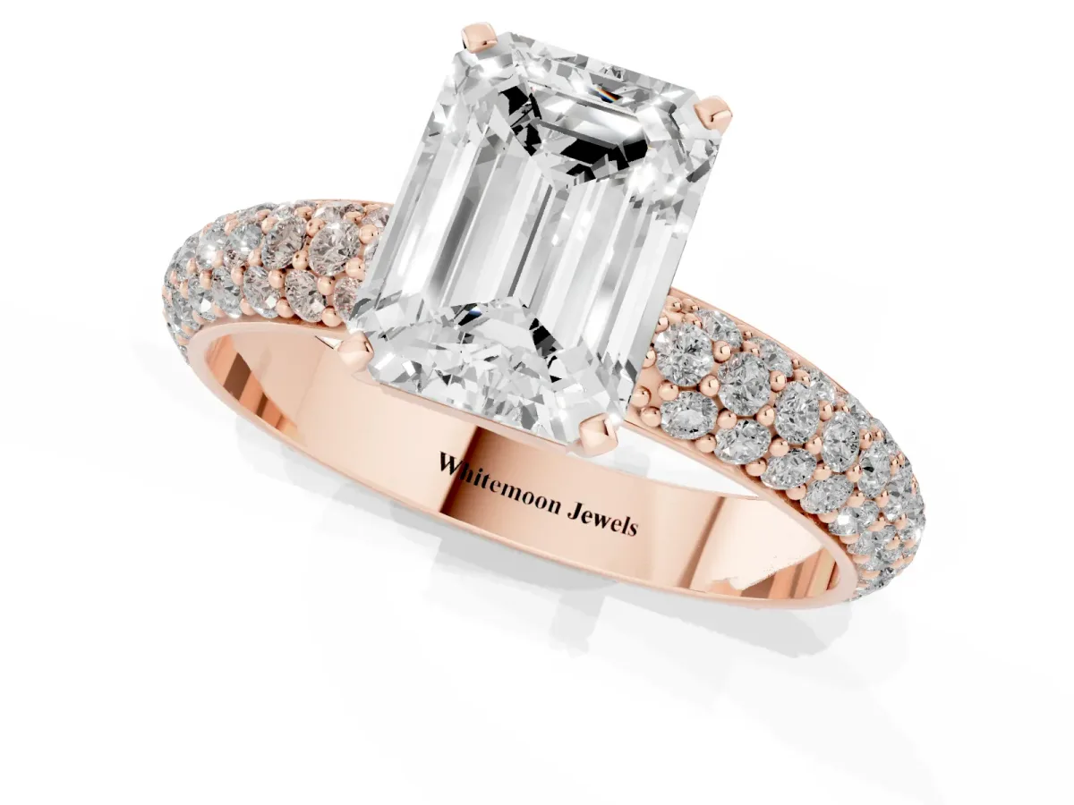 Emerald Cut Diamond Solitaire Ring with Prong Setting and Pavé Band Rose gold