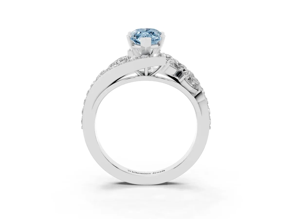 Fancy Blue Marquise Cut Diamond Halo Ring with Marquise and Pavé Band in Prong Setting Silver