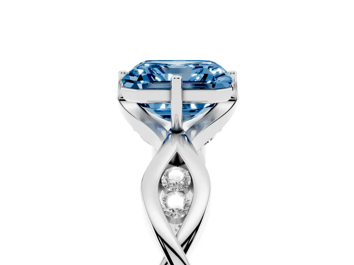 Fancy Blue Asscher Cut Solitaire Twist Band with Leaf Prong Setting Platinum