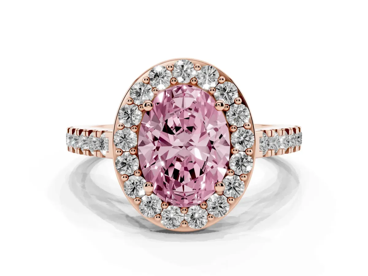 Fancy Pink Oval Cut Diamond Halo Ring with Round Pavé Split Shank and Prong Setting Rose gold
