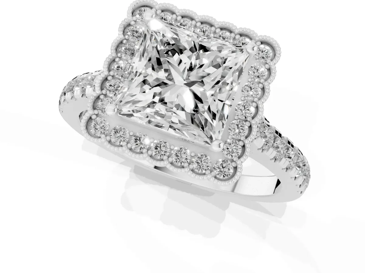 Princess Cut Cut Diamond Milgrain Floral Halo Engagement Ring with Pavé Band Silver