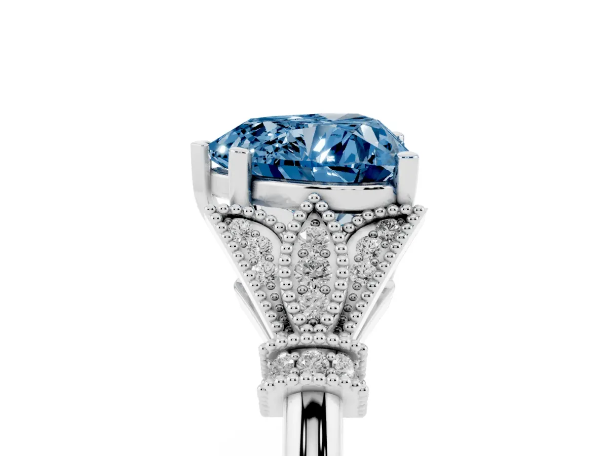 Fancy Blue Heart Cut Diamond Solitaire Ring with Floral Filigree and Pave Accents Silver