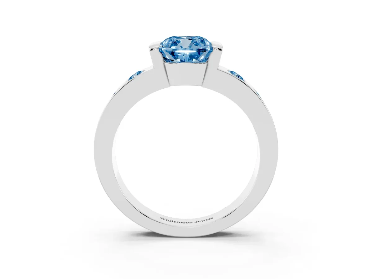 Fancy Blue Cushion Cut Brilliant Channel-Set Diamond Ring with Bezel Prong Setting Silver