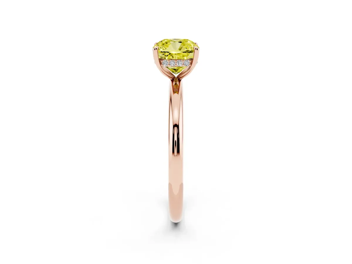 Fancy Yellow Cushion Cut Diamond Solitaire Ring with Thin Band and Four-Prong Setting Rose gold