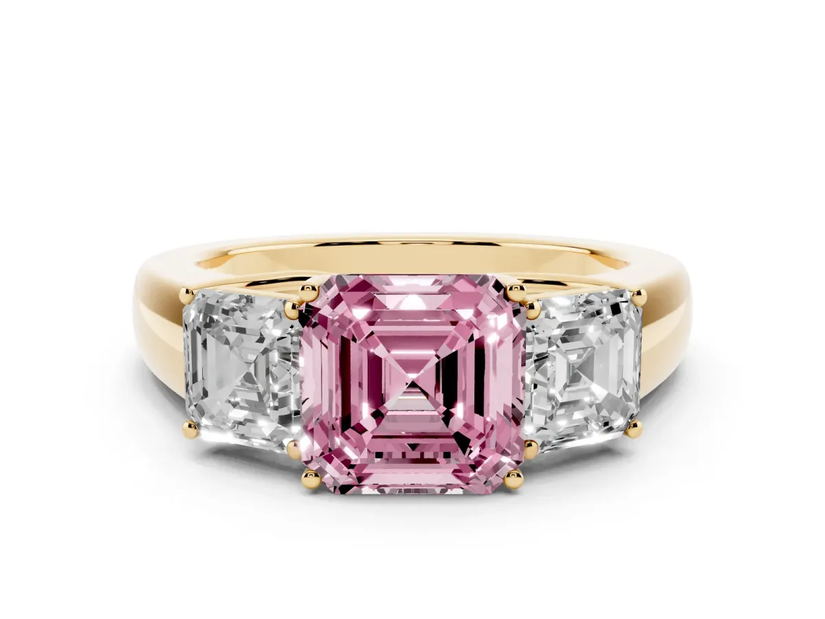 Fancy Pink Three-Stone Asscher Cut Cut Diamond Ring with Prong Setting and Classic Band Yellow gold