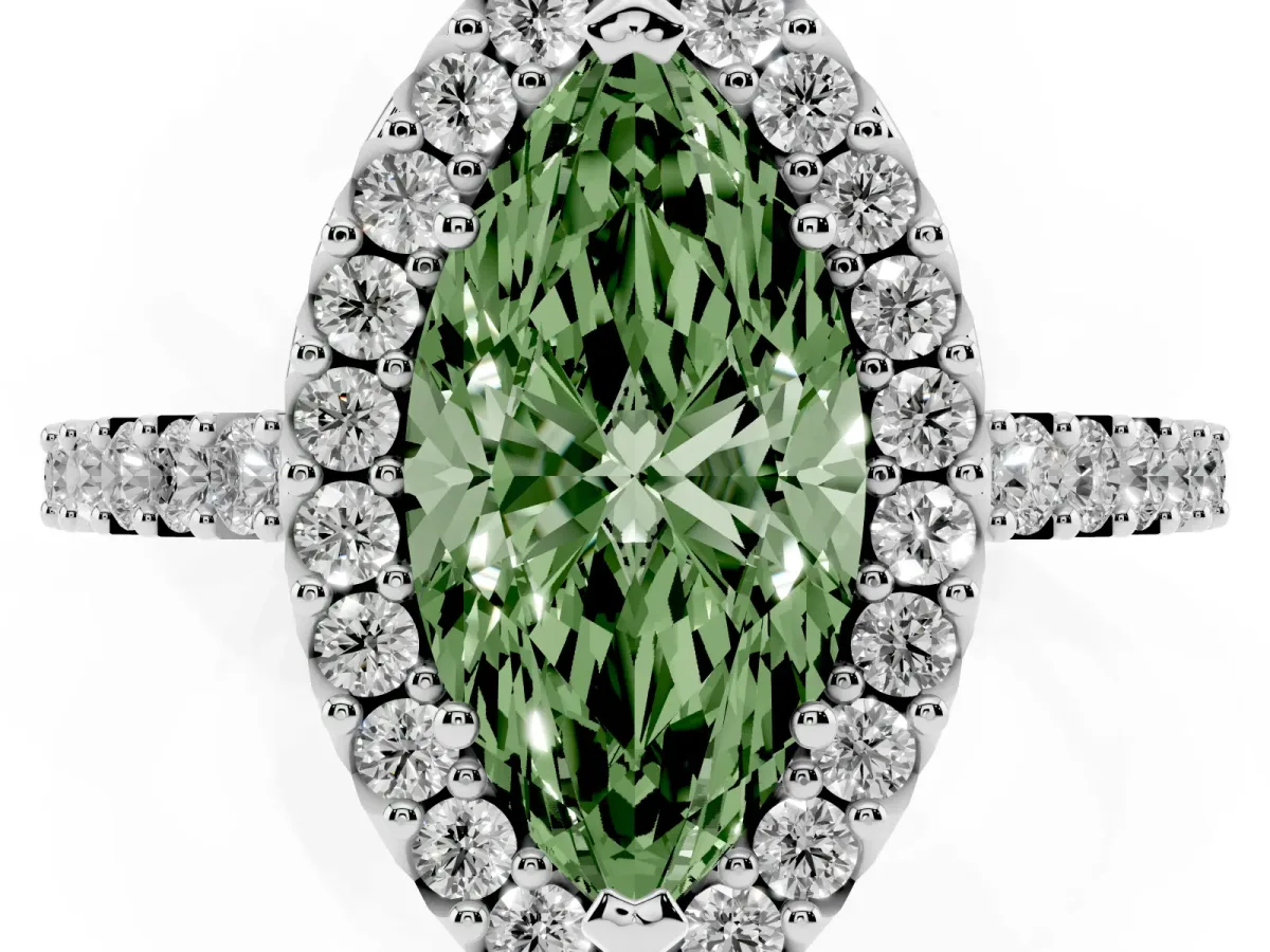 Fancy Green Marquise Cut Halo Diamond Pavé Solitaire Ring Silver