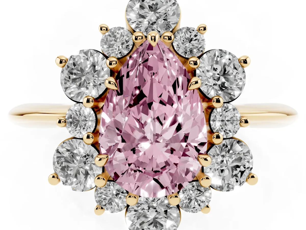 Fancy Pink Pear Cut Diamond Cluster Halo Ring with Solitaire Band and Four-Prong Setting Yellow gold