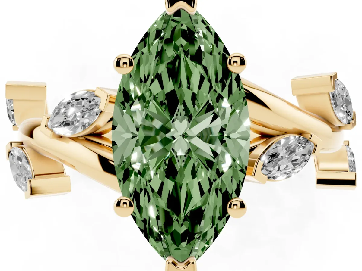 Fancy Green Marquise Cut Solitaire Twisted Band Marquise Accent Prong Setting Ring Yellow gold