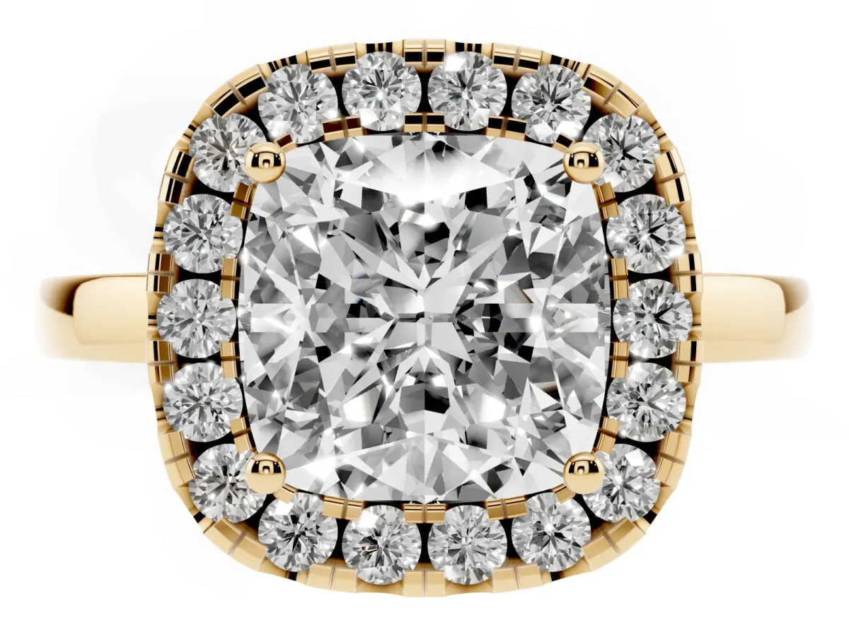 Cushion Cut Halo Diamond Solitaire with Pavé Band and Four-Prong Setting Yellow gold