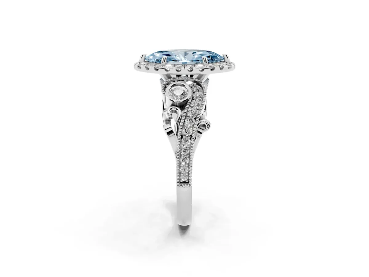 Fancy Blue Marquise Cut Halo Diamond Ring with Milgrain and Bezel Accents on a Split Shank Band White gold
