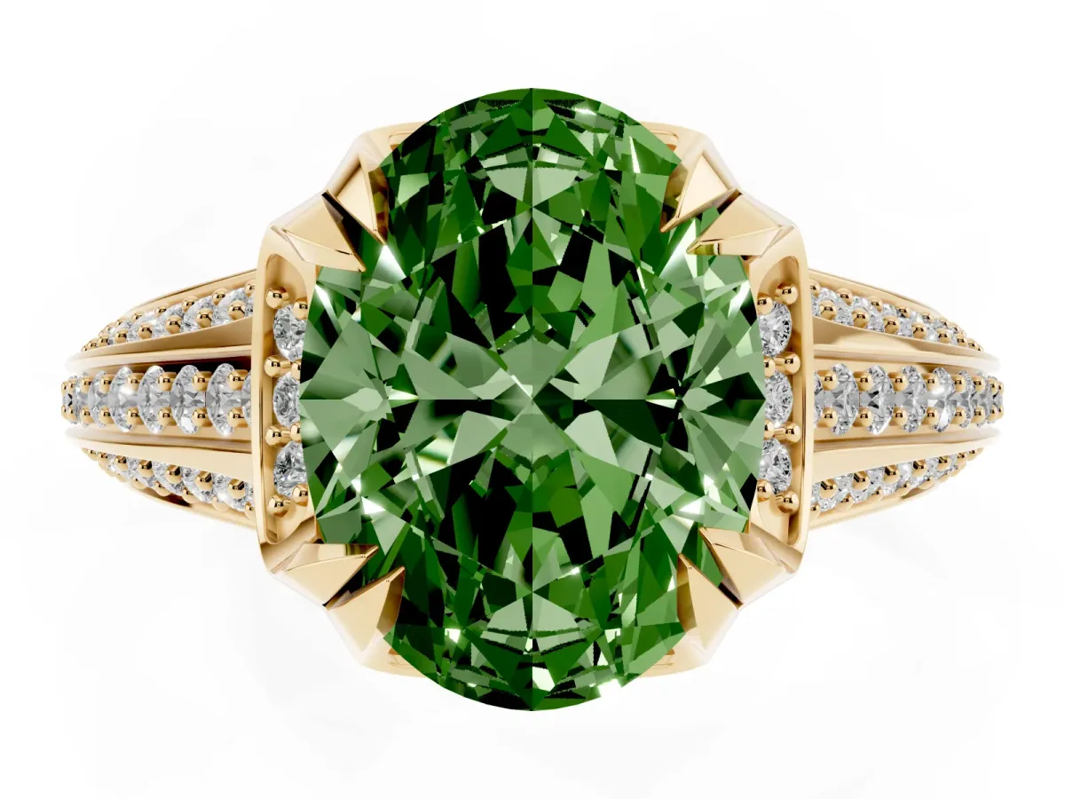 Fancy Green Oval Cut Solitaire Pave Split Shank Ring with Four-Prong Setting Yellow gold