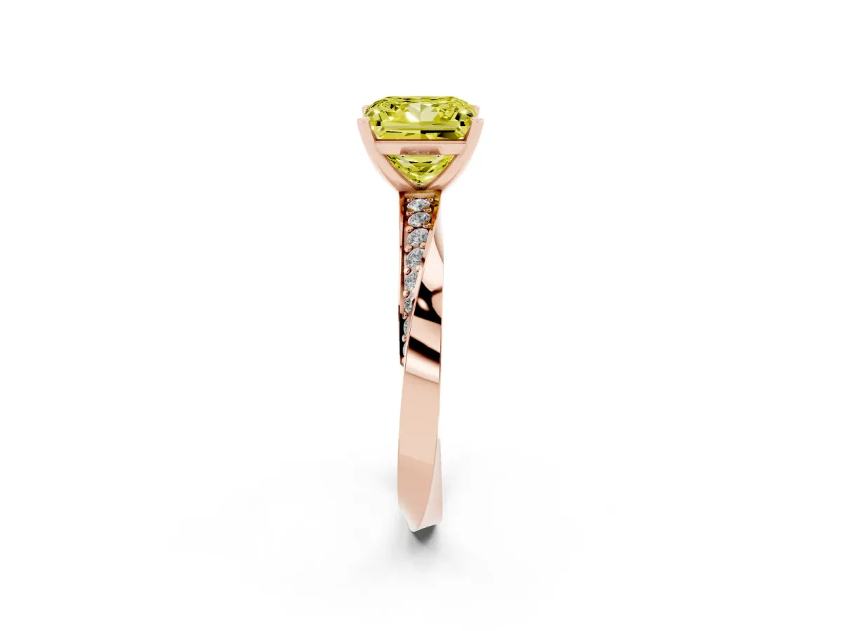 Fancy Yellow Princess Cut Diamond Engagement Ring with Side Stone Accents and Four-Prong Setting Rose gold
