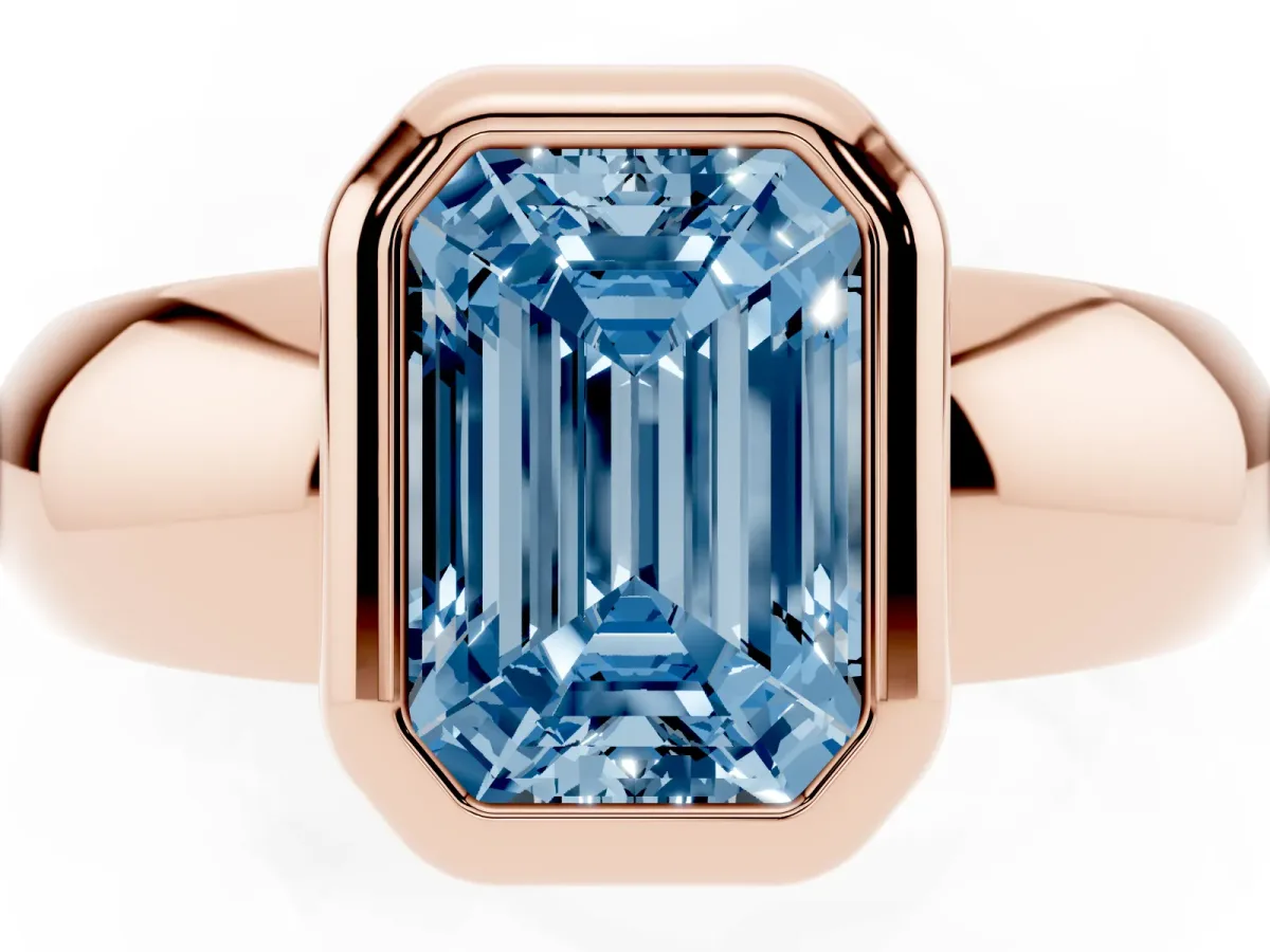 Fancy Blue Bezel Set Emerald Cut Solitaire Ring with Wide Band Rose gold