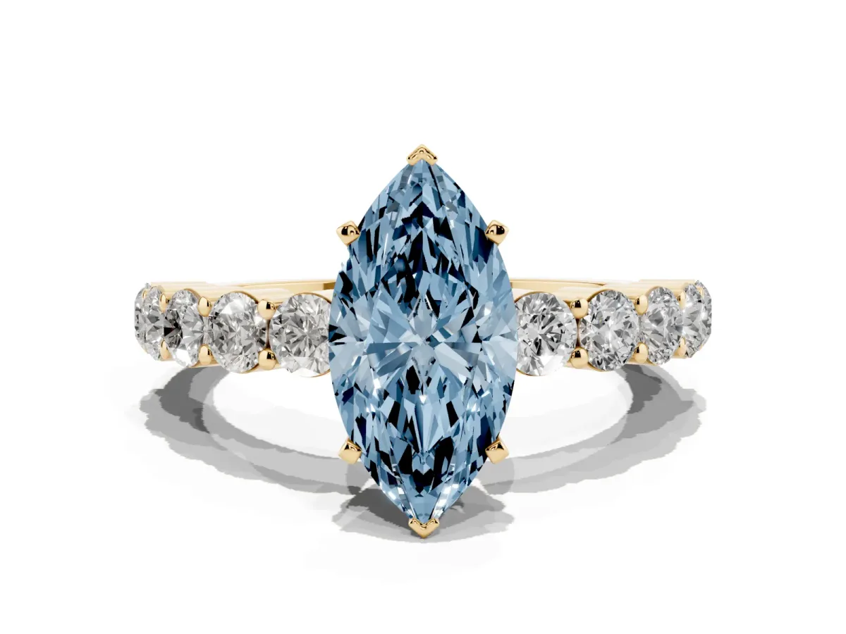 Fancy Blue Marquise Cut Diamond Solitaire Ring with Shared Prong Round Side Stones Yellow gold
