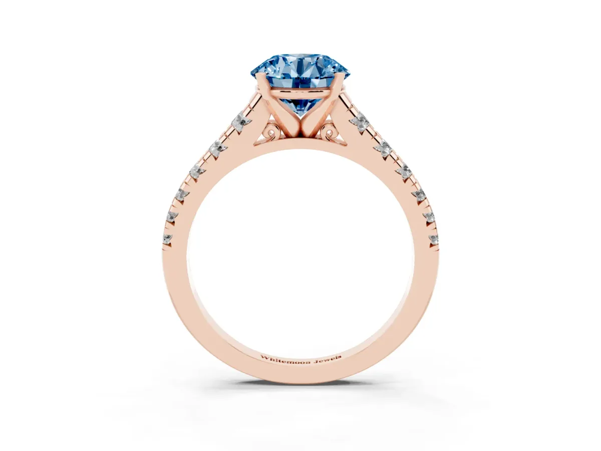 Fancy Blue Round Cut Diamond Cathedral Solitaire Ring with Round Pavé Band Rose gold