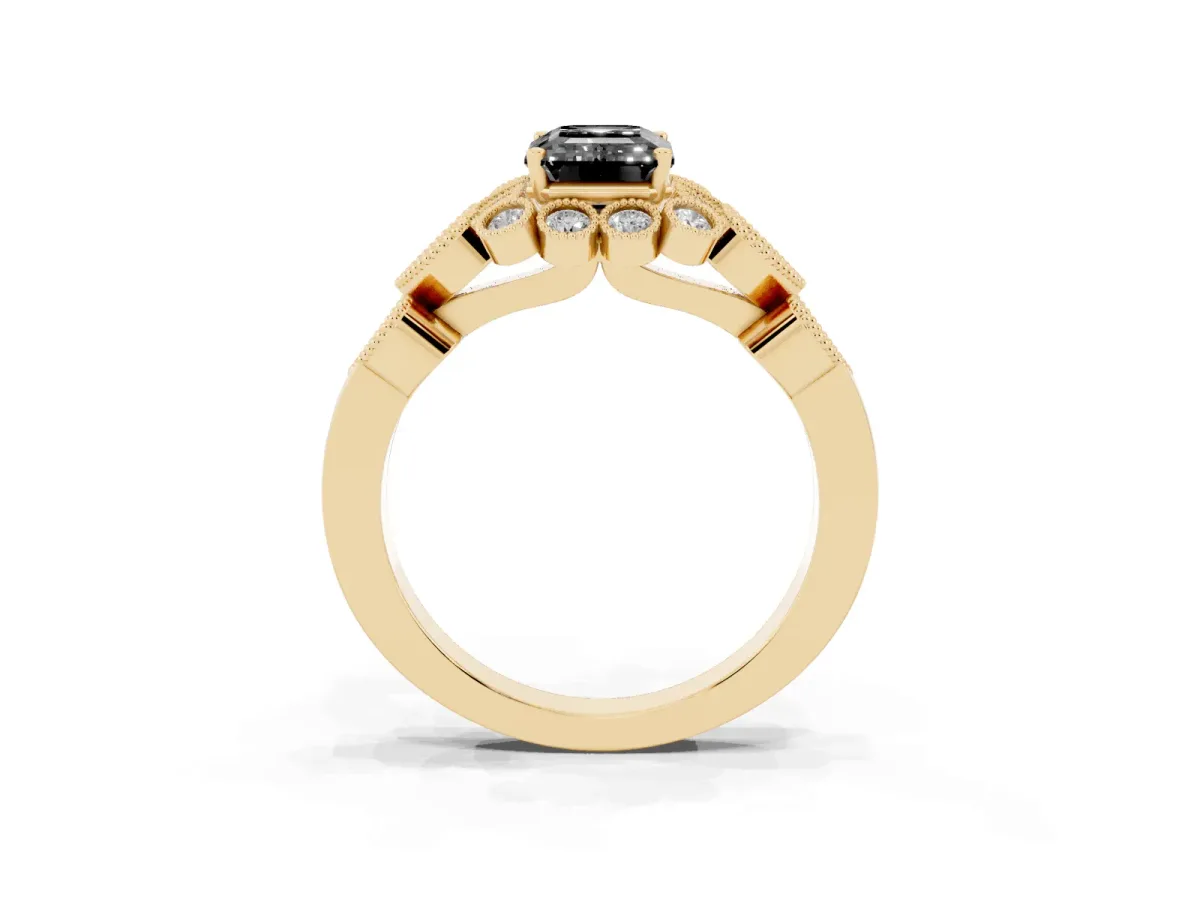 Fancy Black Emerald Cut Brilliant Milgrain Pave Heart Band Solitaire Ring Yellow gold