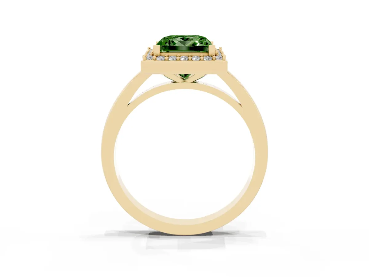 Fancy Green Princess Cut Halo Diamond Ring with Solitaire Band and Prong Setting Yellow gold