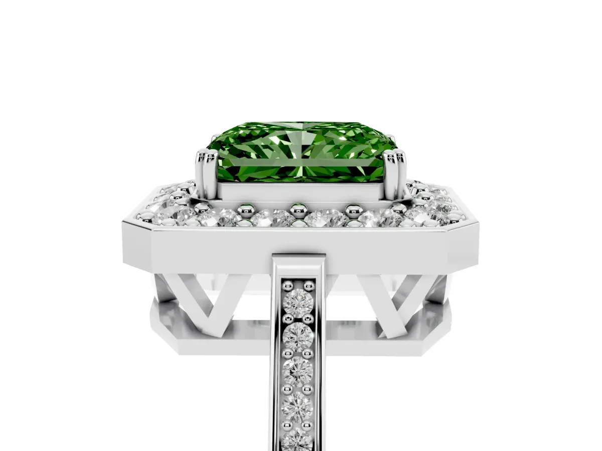 Fancy Green Radiant Cut Diamond Halo Ring with Split Shank and Four-Prong Setting Silver