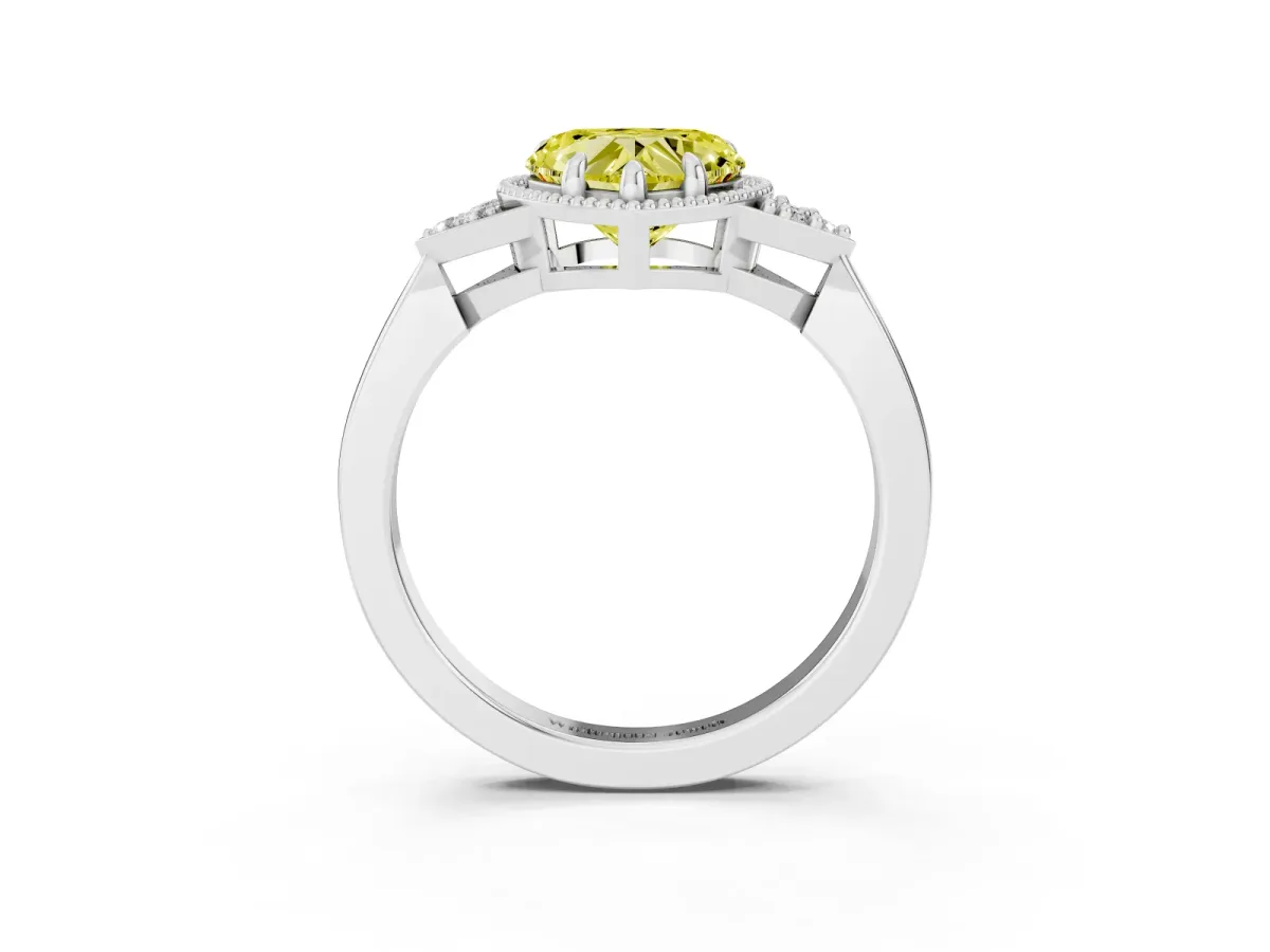 Fancy Yellow Hexagonal Halo Heart Cut Diamond Solitaire with Pavé Band and Four-Prong Setting Silver