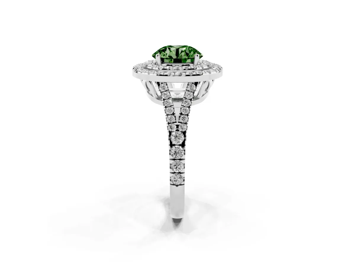 Fancy Green Round Cut Diamond Double Halo Ring with Pavé Band and Prong Setting Platinum