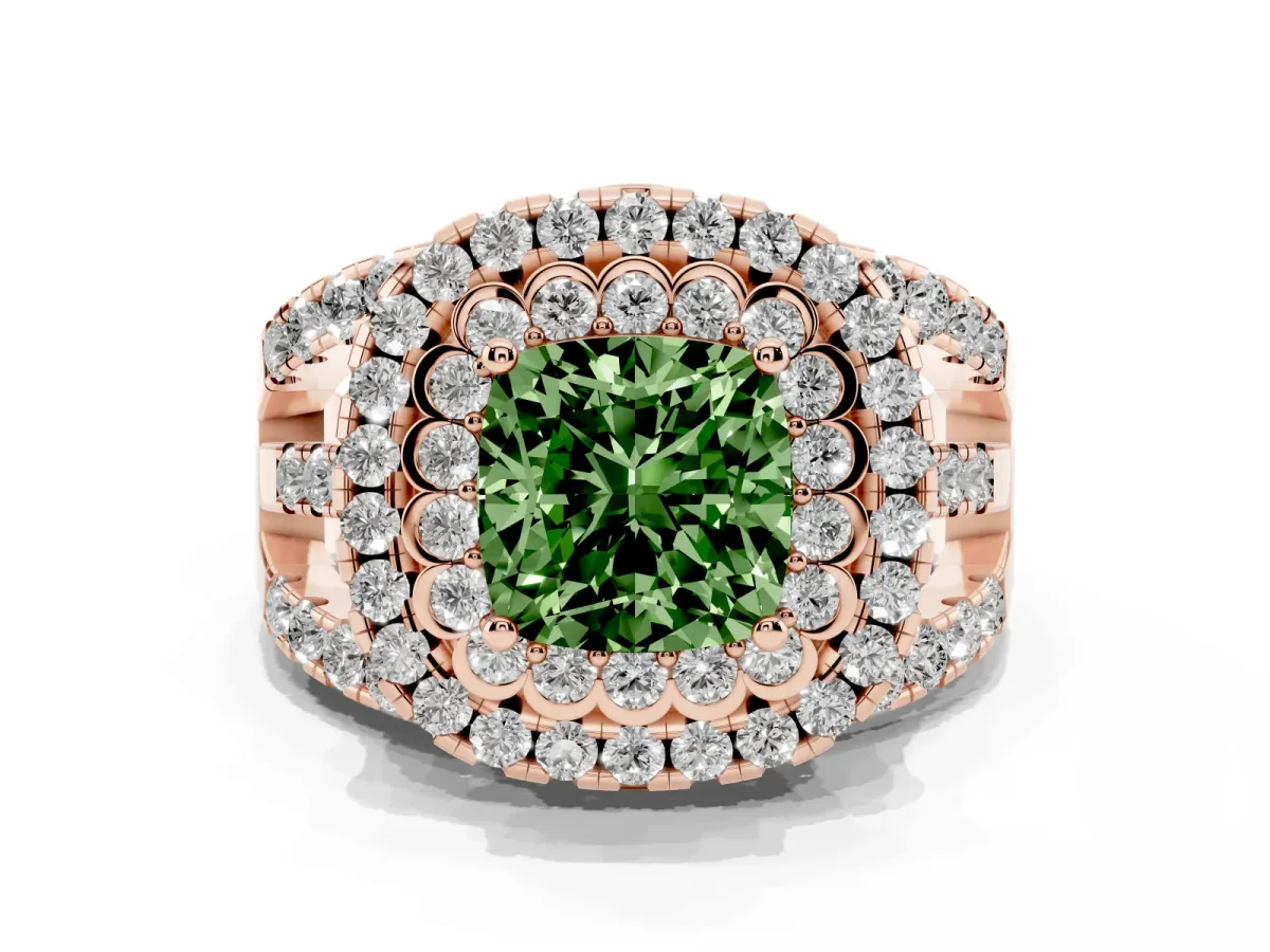 Fancy Green Cushion Cut Diamond Double Halo Ring with Round Pavé Split Shank and Prong Setting Rose gold