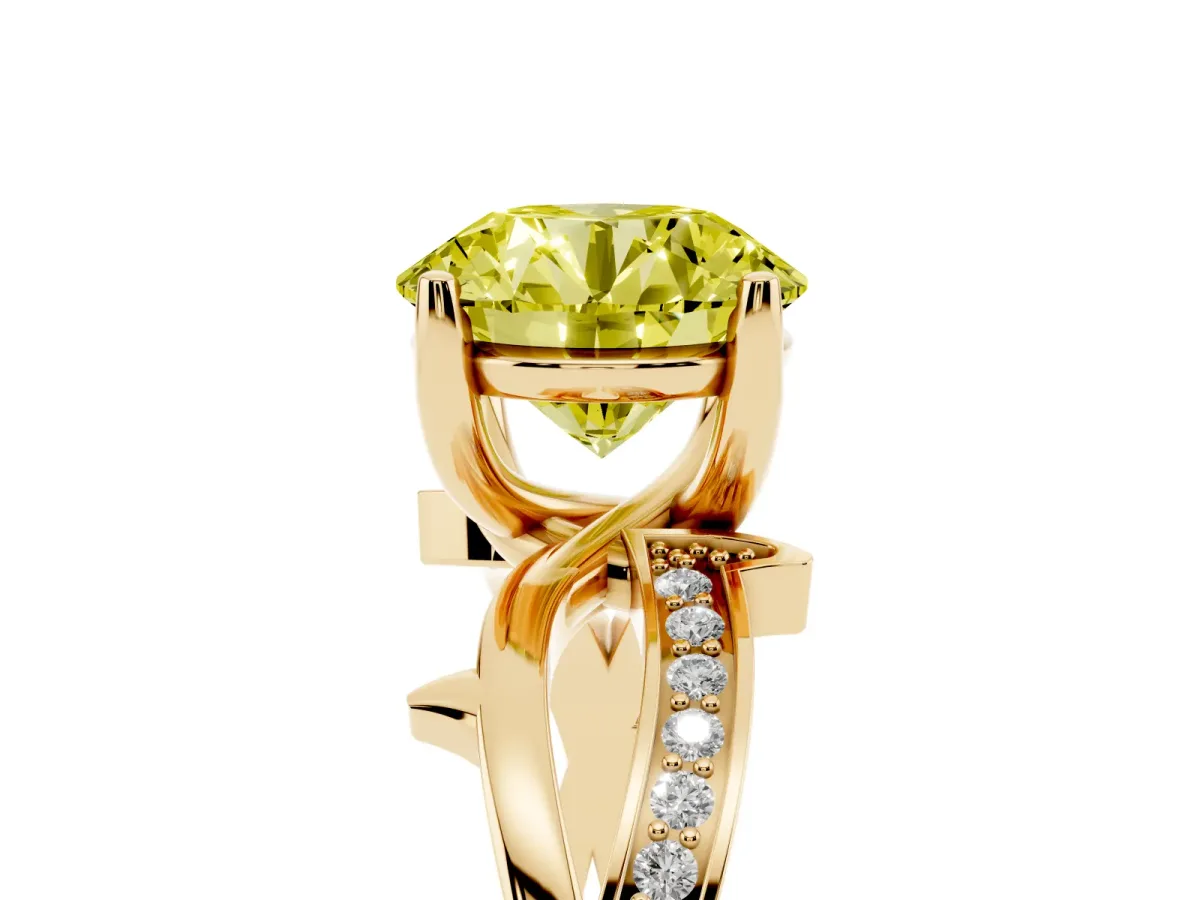Fancy Yellow Round Cut Solitaire Twist Band with Pavé Accents and Four-Prong Setting Yellow gold