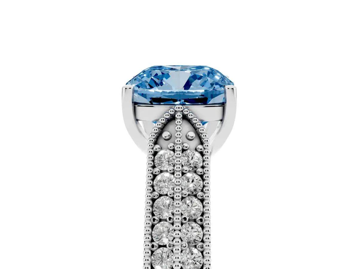 Fancy Blue Cushion Cut Cut Pave Split Shank Engagement Ring with Four-Prong Setting White gold