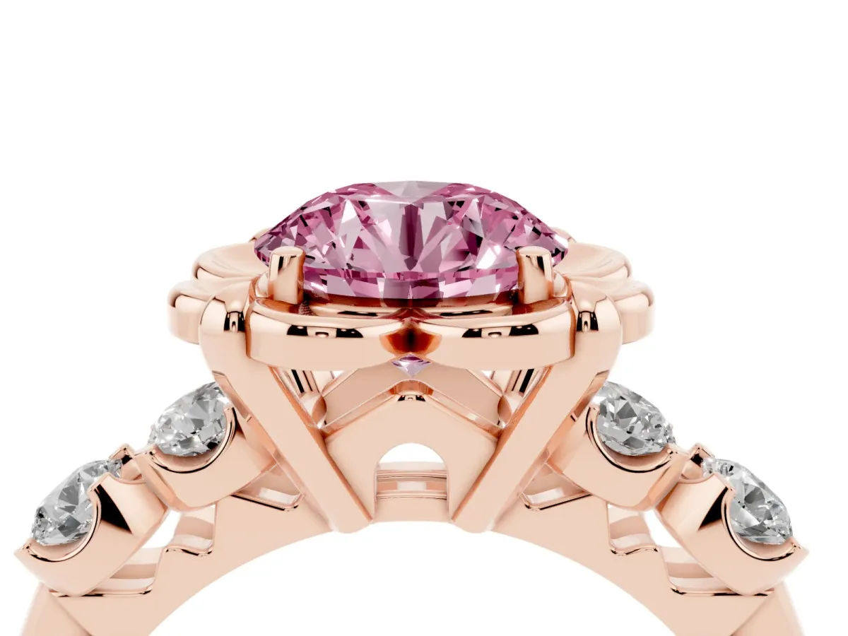 Fancy Pink Round Cut Cut Diamond Floral Halo Engagement Ring with Shared Prong Setting Rose gold