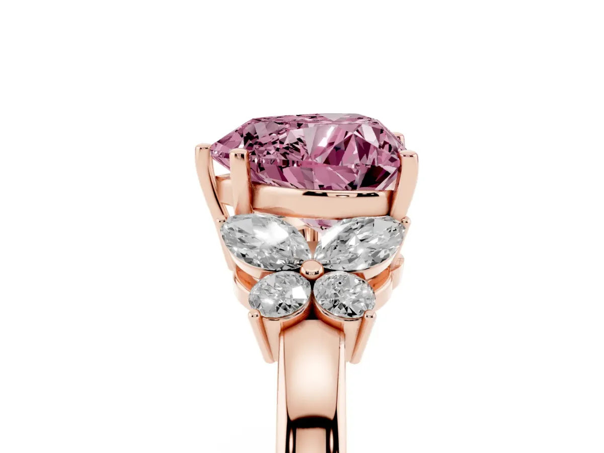Fancy Pink Heart Cut Cut Solitaire Floral Diamond Ring with Four-Prong Setting Rose gold