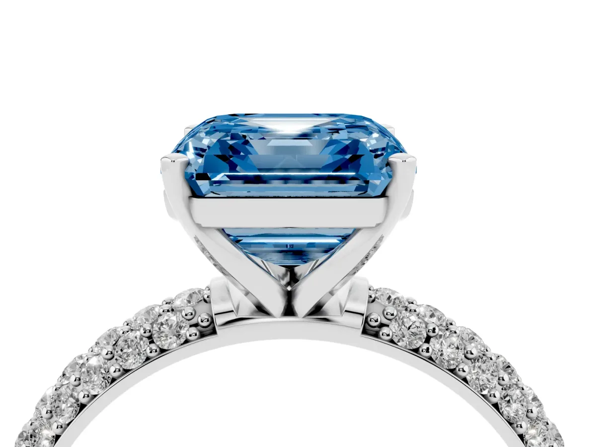 Fancy Blue Asscher Cut Diamond Solitaire Ring with Prong Setting and Pavé Band Platinum