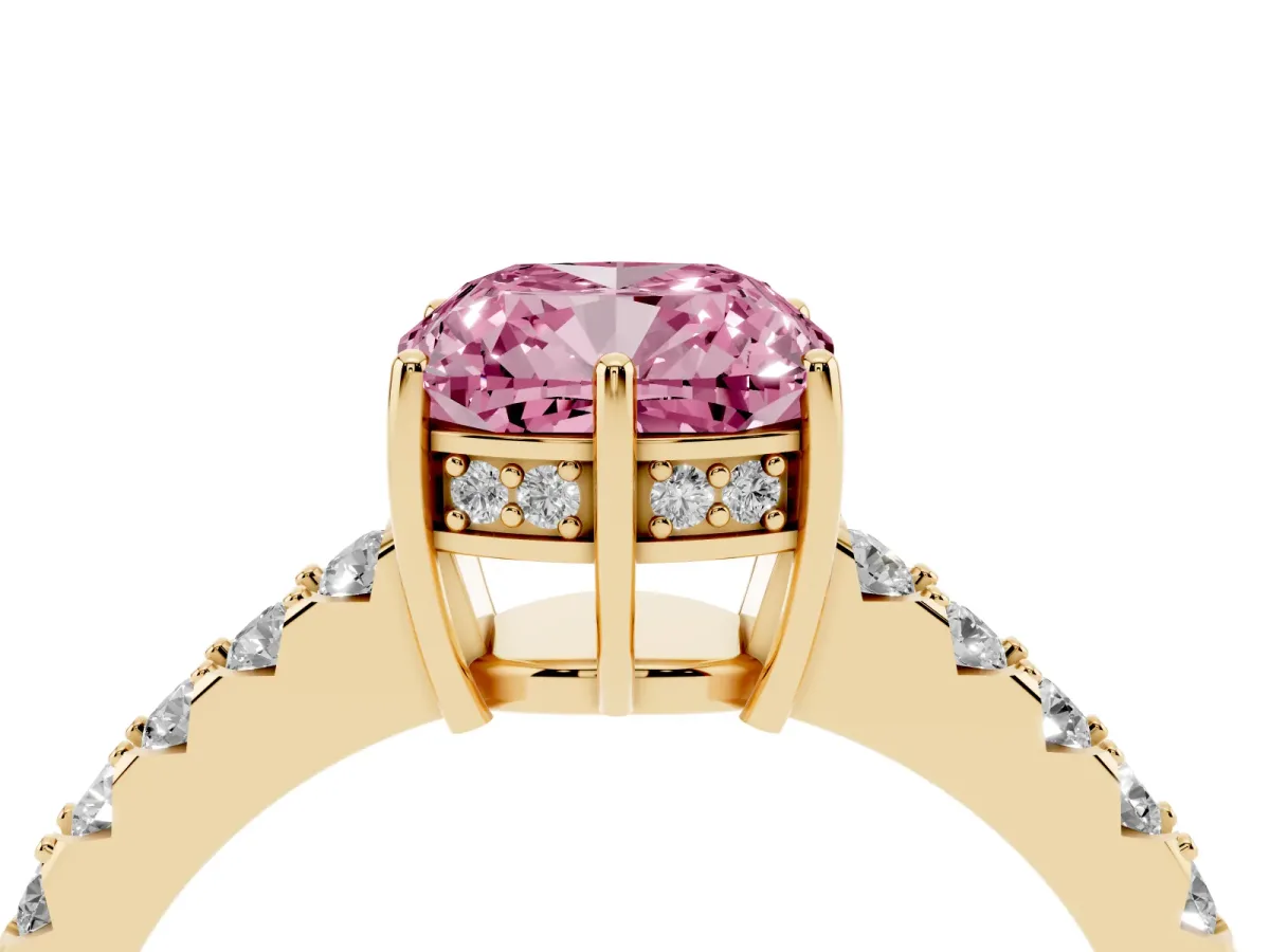 Fancy Pink Cushion Cut Solitaire Diamond Engagement Ring with Pavé Band and Six-Prong Setting Yellow gold