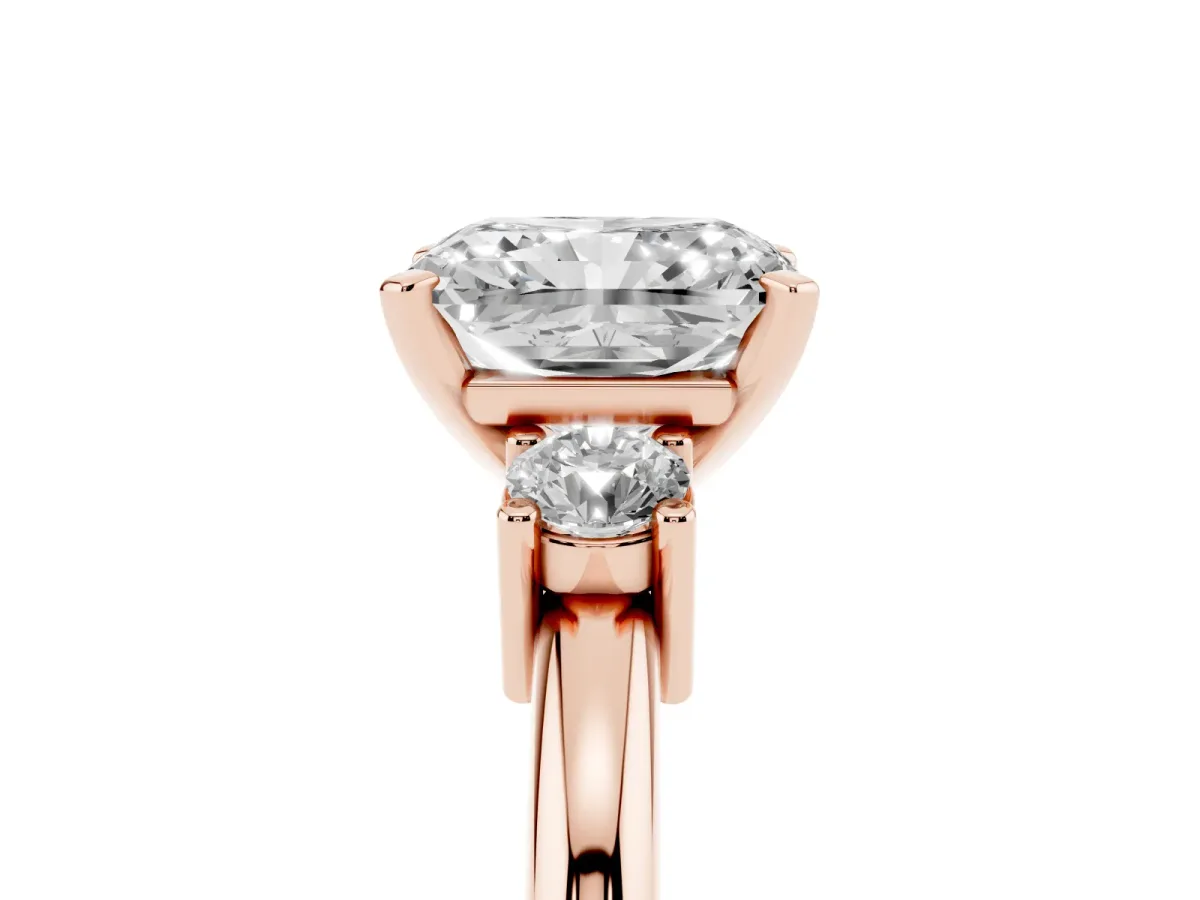 Three-Stone Radiant Cut Cut Diamond Solitaire with Prong Setting and Classic Band Rose gold