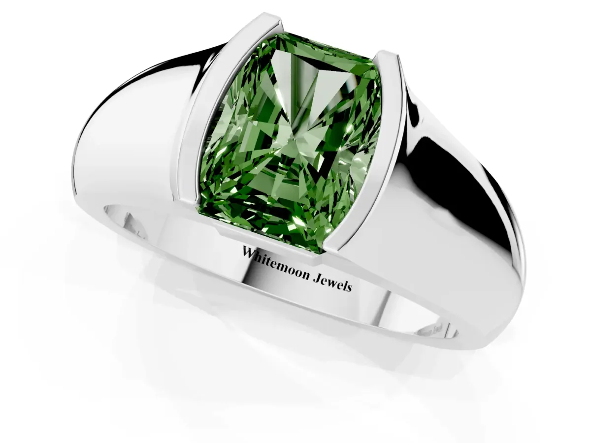 Fancy Green Radiant Cut Solitaire Bezel Set Diamond Ring with Wide Band Silver