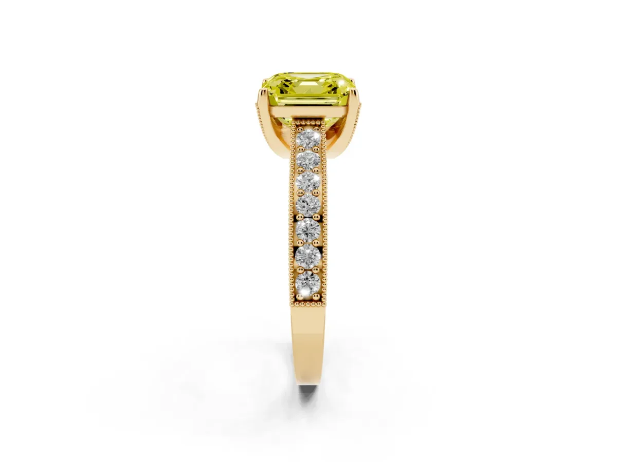 Fancy Yellow Asscher Cut Cut Diamond Solitaire Ring with Milgrain Pave Band and Four Prong Setting Yellow gold