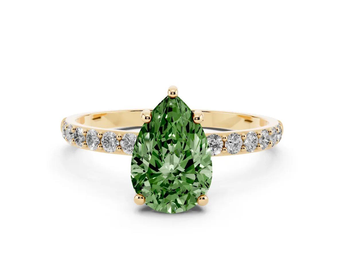 Fancy Green Pear Cut Diamond Solitaire Ring with Round Pavé Band and Prong Setting Yellow gold