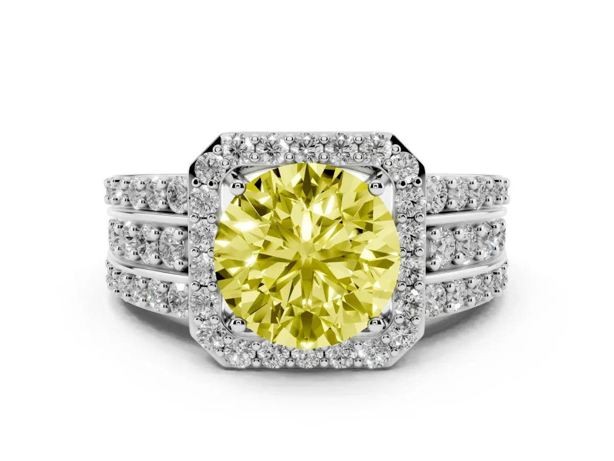 Fancy Yellow Round Cut Halo Diamond Ring with Round Split Shank and Prong Setting Platinum