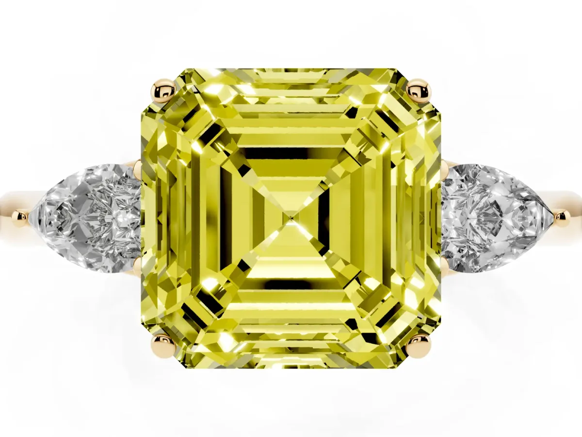 Fancy Yellow Asscher Cut Diamond Three-Stone Ring with Pear Side Stones and Prong Setting Yellow gold