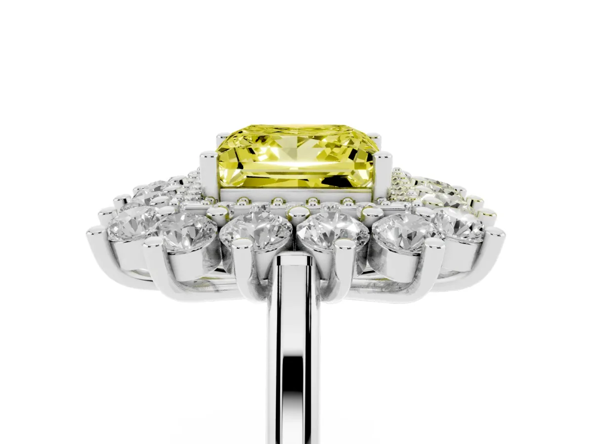 Fancy Yellow Princess Cut Diamond Floral Double Halo Engagement Ring with Prong Setting White gold