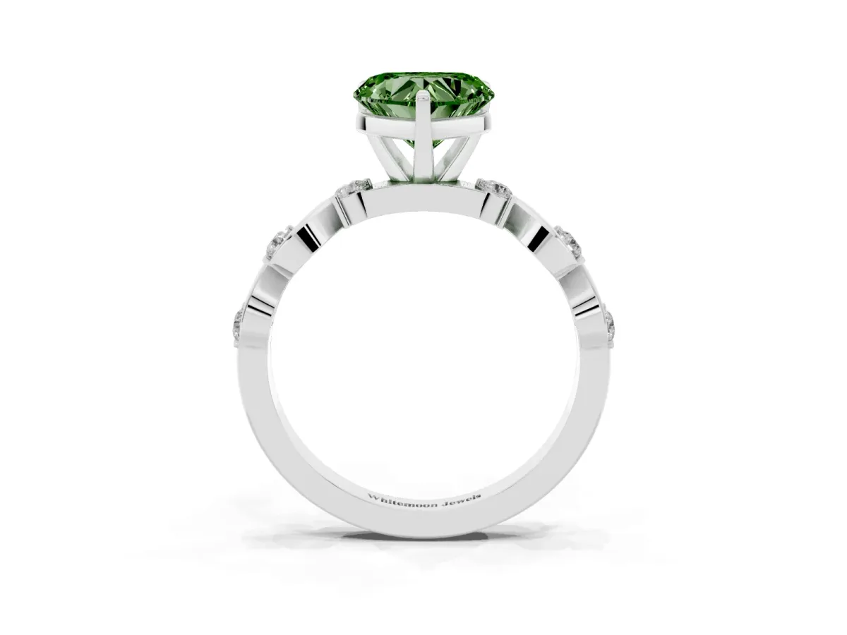 Fancy Green Heart Cut Diamond Solitaire Twisted Band with Round Accents and Prong Setting Platinum