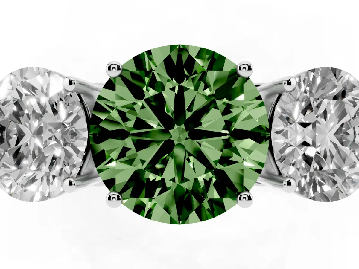 Fancy Green Round Cut Diamond Three-Stone Ring with Prong Setting and Textured Band Silver