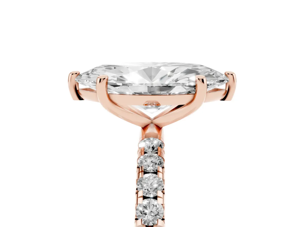 Marquise Cut Cut Diamond Solitaire Ring with Micro Pave Band and Four Prong Setting Rose gold