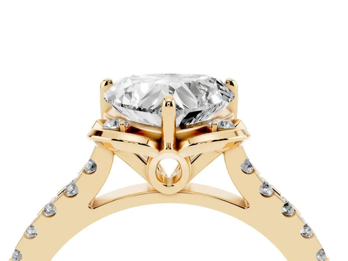 Heart Cut Diamond Ring with Pavé Band and Floral Prong Setting Yellow gold