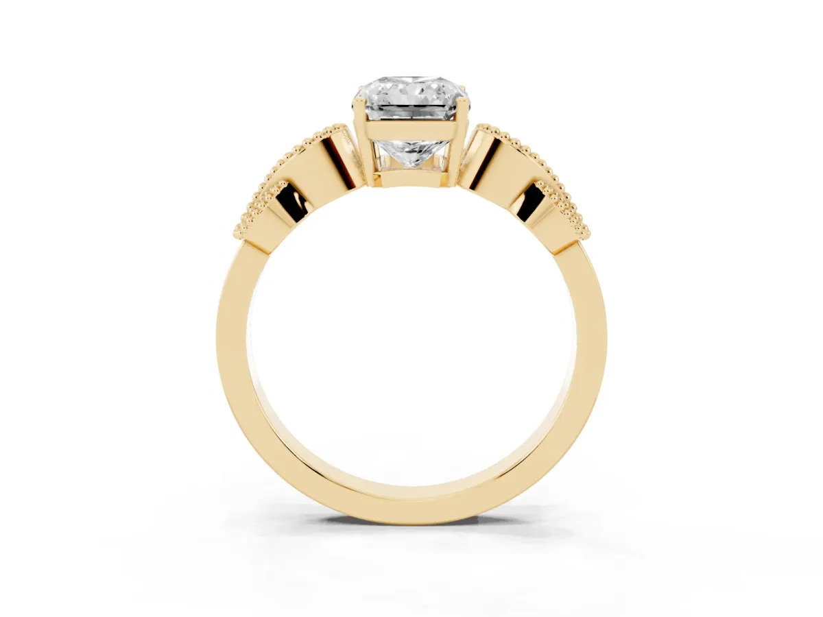 Radiant Cut Solitaire Milgrain Leaf Band with Prong Setting Yellow gold