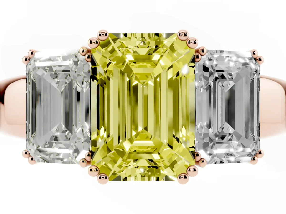 Fancy Yellow Three-Stone Emerald Cut Cut Diamond Ring with Channel Set Band and Four-Prong Setting Rose gold