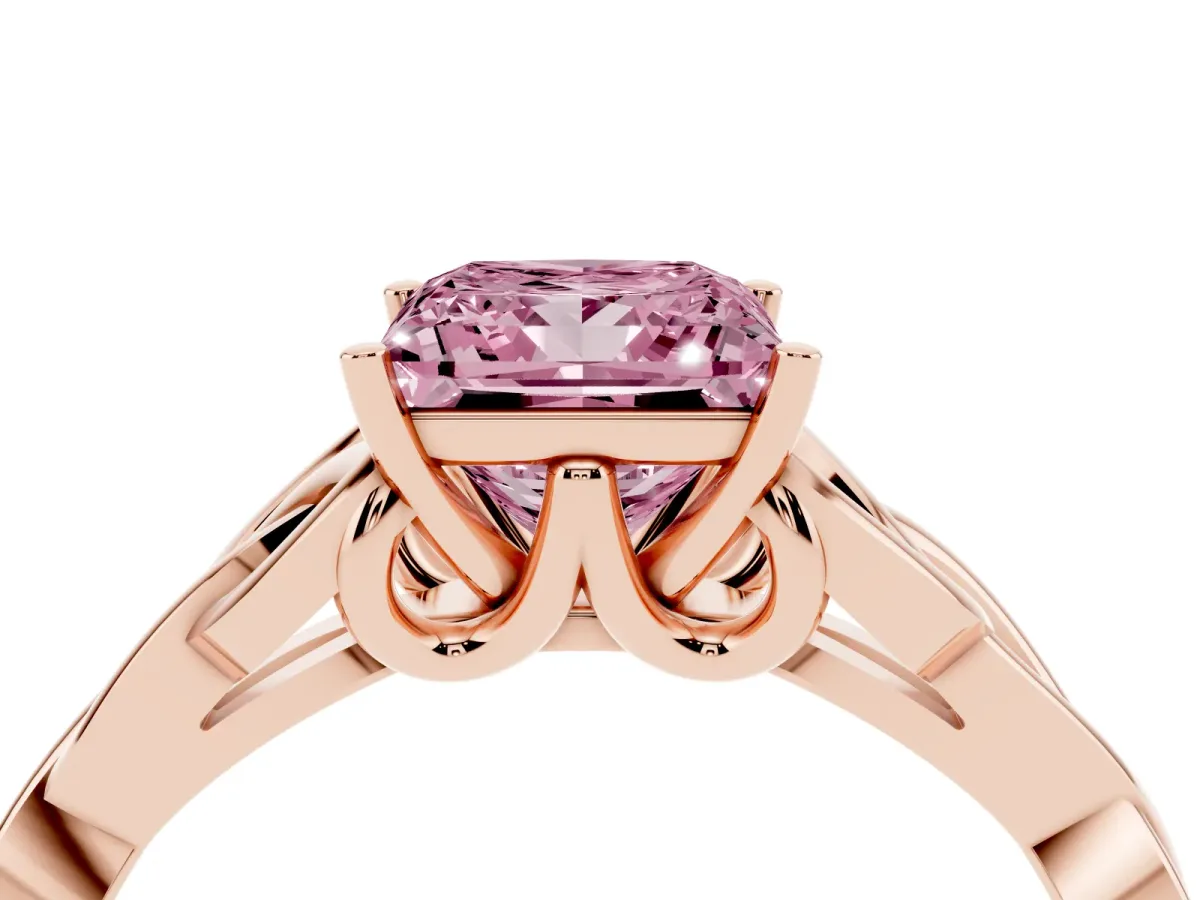 Fancy Pink Princess Cut Diamond Solitaire Engagement Ring with Celtic Knot Band and Four-Prong Setting Rose gold