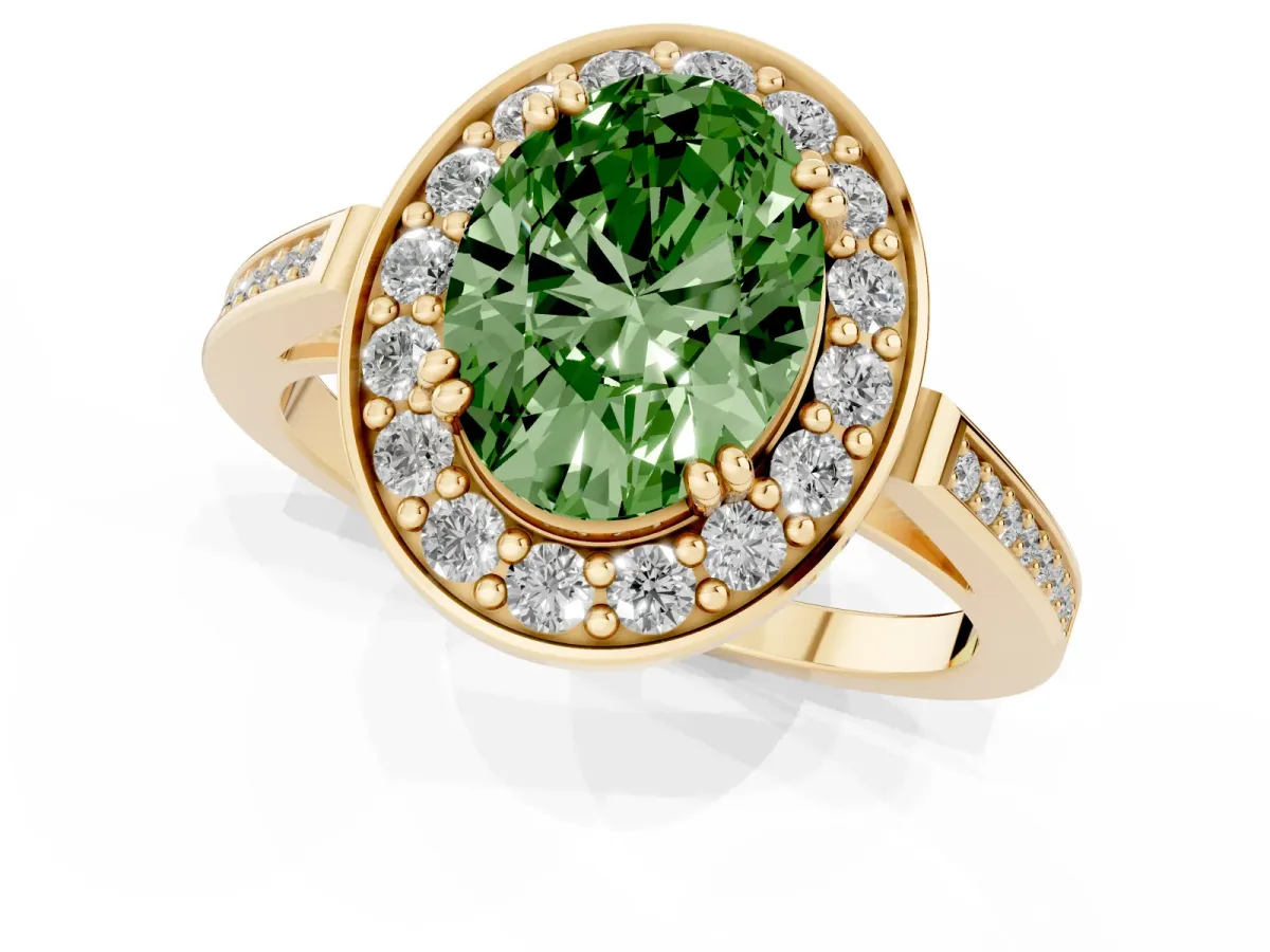 Fancy Green Oval Cut Diamond Halo Ring with Split Shank and Four-Prong Setting Yellow gold