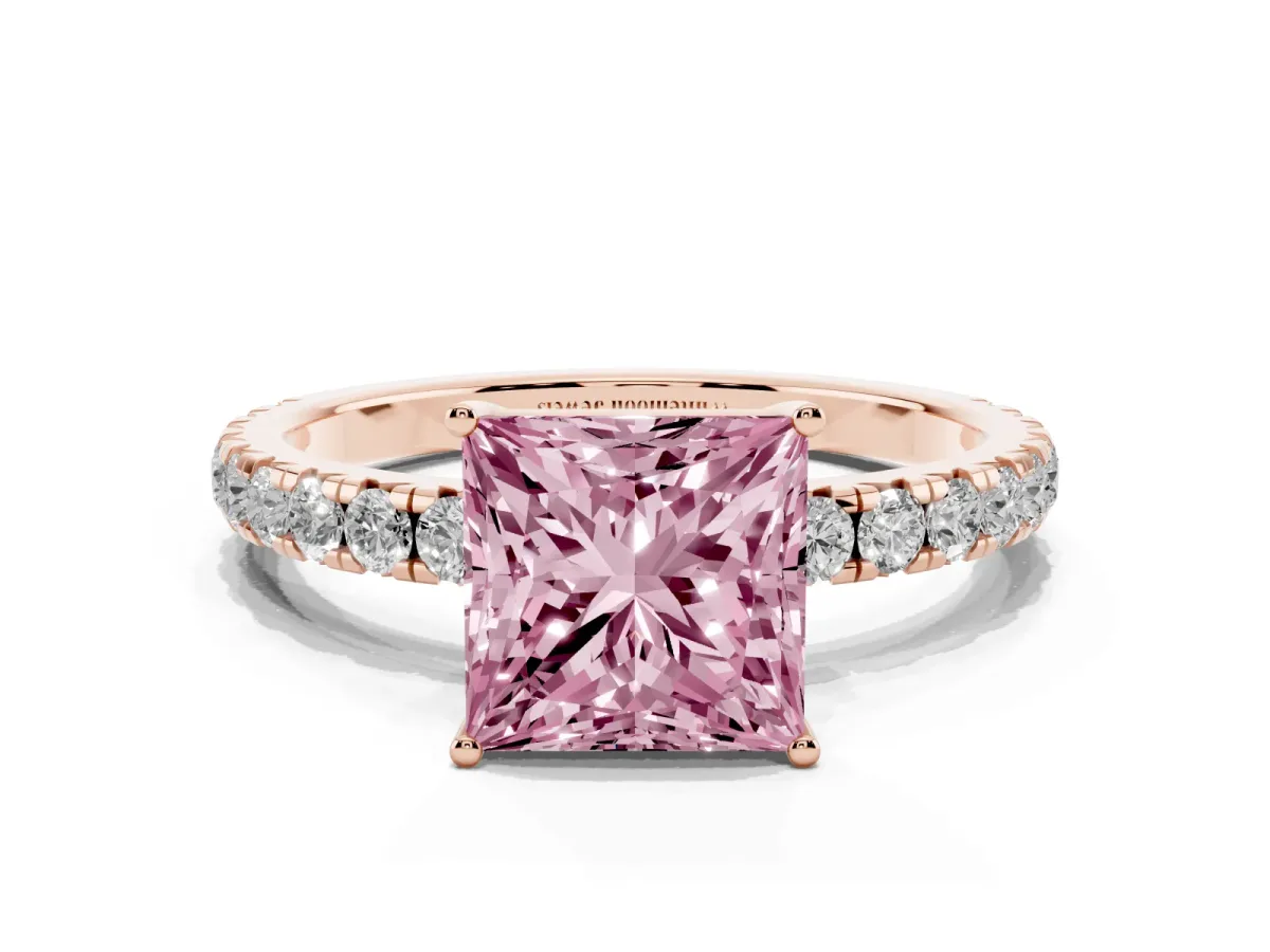 Fancy Pink Princess Cut Diamond Pavé Solitaire Engagement Ring with Four-Prong Setting Rose gold