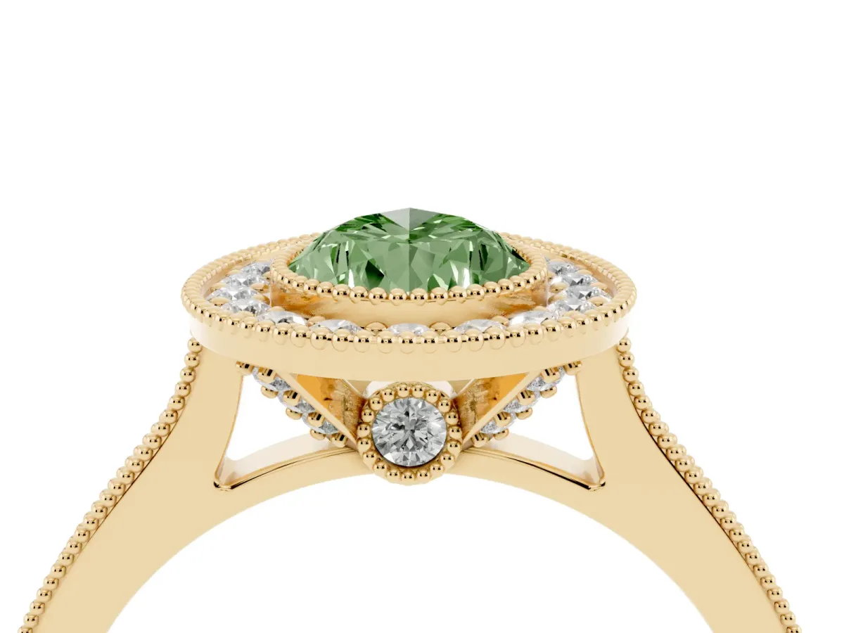 Fancy Green Halo Pear Cut-Cut Diamond Pave Band Milgrain Prong Setting Ring Yellow gold