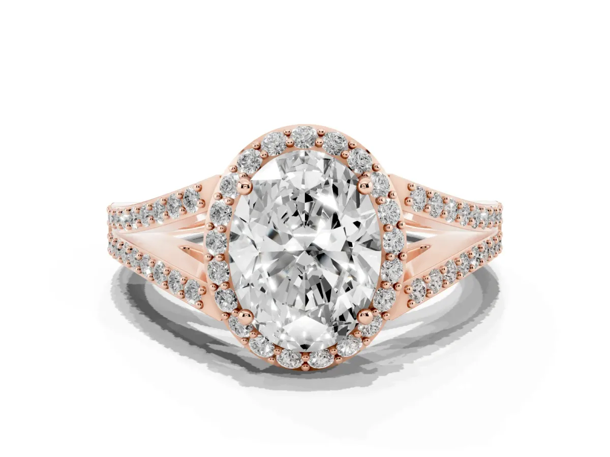 Oval Cut Halo Split Shank Diamond Ring with Prong Setting Rose gold